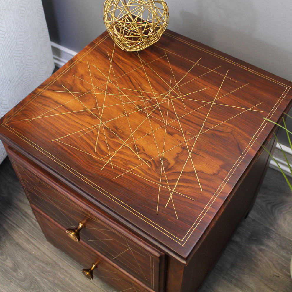 Natural Geo Rosewood Square End Table Abstract Golden Brass Inlay