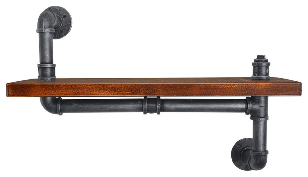 London Industrial Floating Silver Brushed Gray Pipe Wall Shelf, Walnut