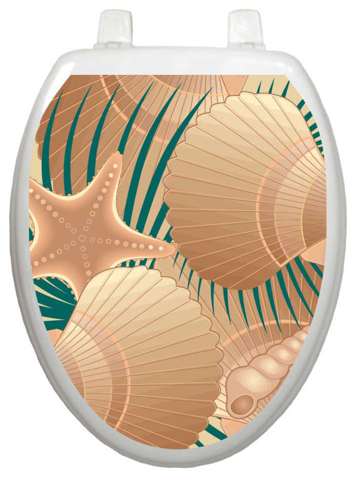 Seashells Beach Toilet Tattoos Seat Cover, Vinyl Lid Decal, Coastal Bathroom , Elongated