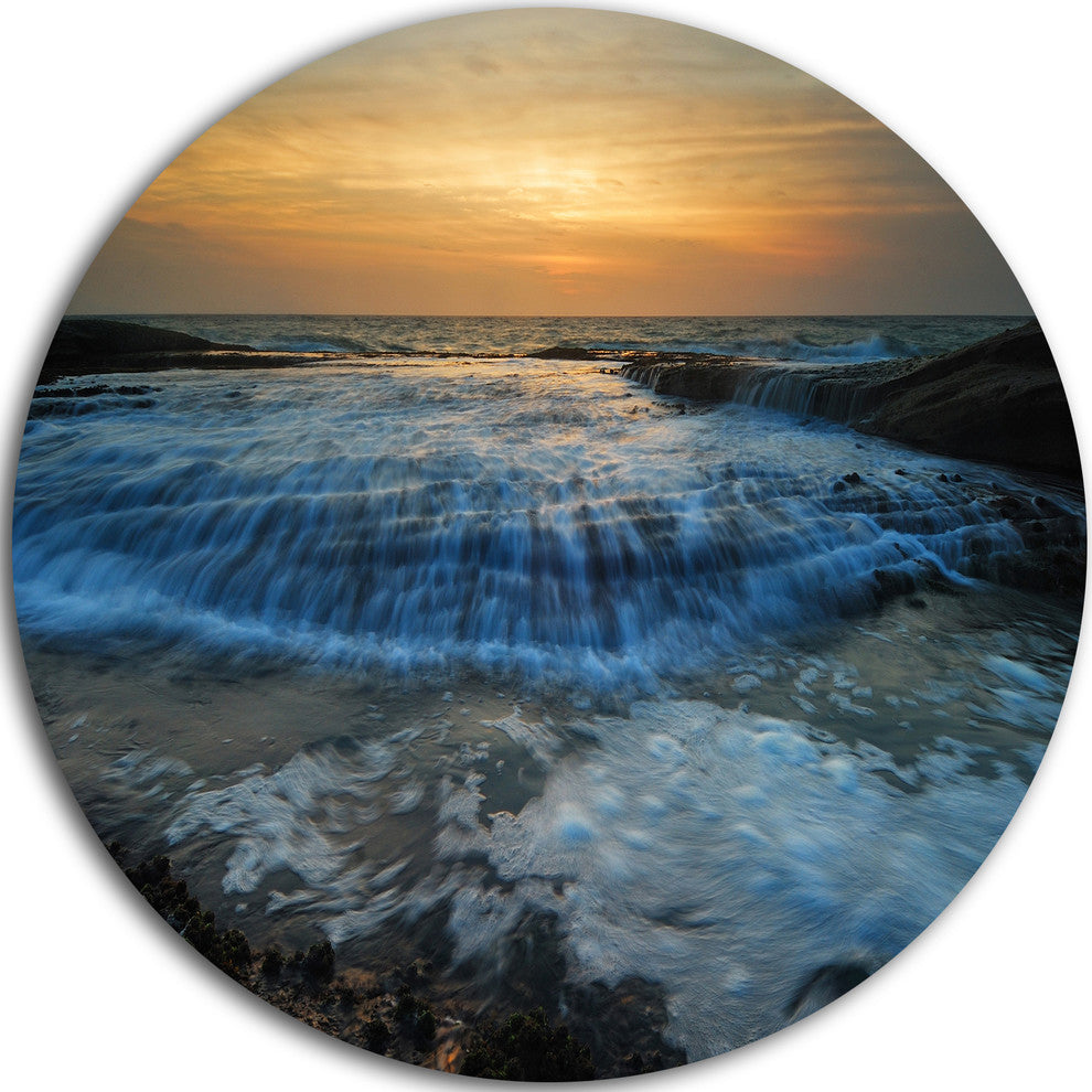 Beach With Rushing White Waves, Modern Beach Round Metal Wall Art, 36"