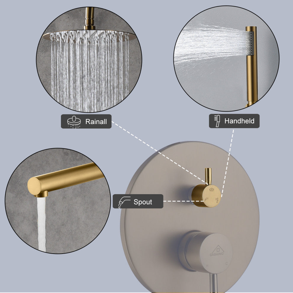CASAINC 10" Round Wall Mounted Shower System Set Handheld Spray & Bathtub Spout, Brushed Gold