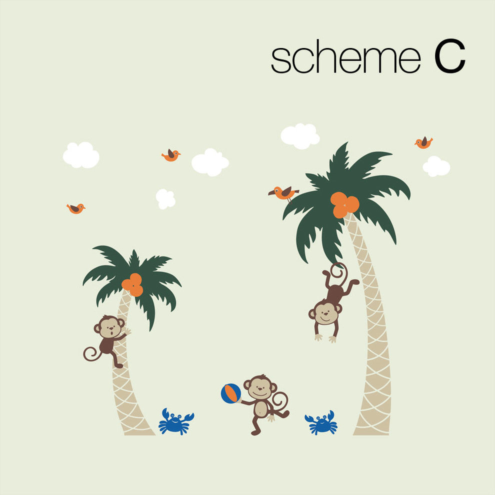 3 Monkeys With Palm Tree Wall Decal, Scheme C