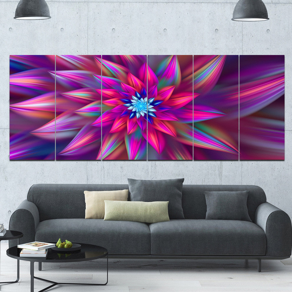 Huge Purple Pink Fractal Flower, Floral Canvas Art Print, 70"x28", 6 Panels