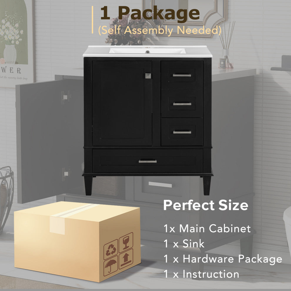 30" Freestanding Bath Vanity Set, Integrated Ceramic Sink, Black, 30 Inches