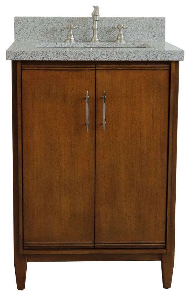 25" Single Sink Vanity, Walnut Finish With Gray Granite and Rectangle Sink