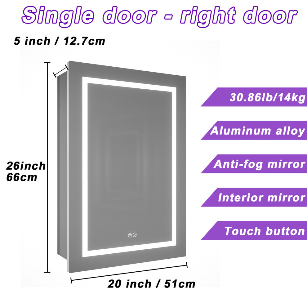 Recessed or Surface Mount Frameless Medicine Cabinet W/ LED Light & 2 Mirrors, Left Door