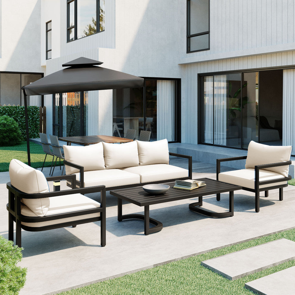4-Piece Outdoor  Steel Patio Sectional with Table and Cushions, Beige