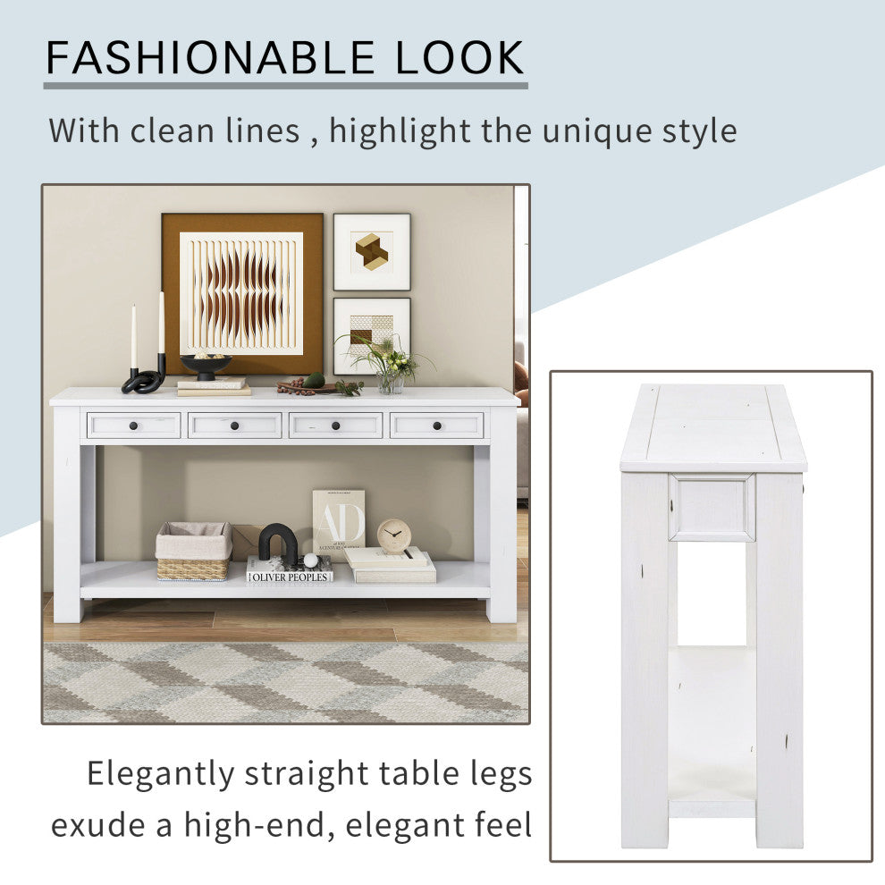63"x30" Rustic Chic Console Table with Drawers and Shelf for Entryway Hallway, Antique White