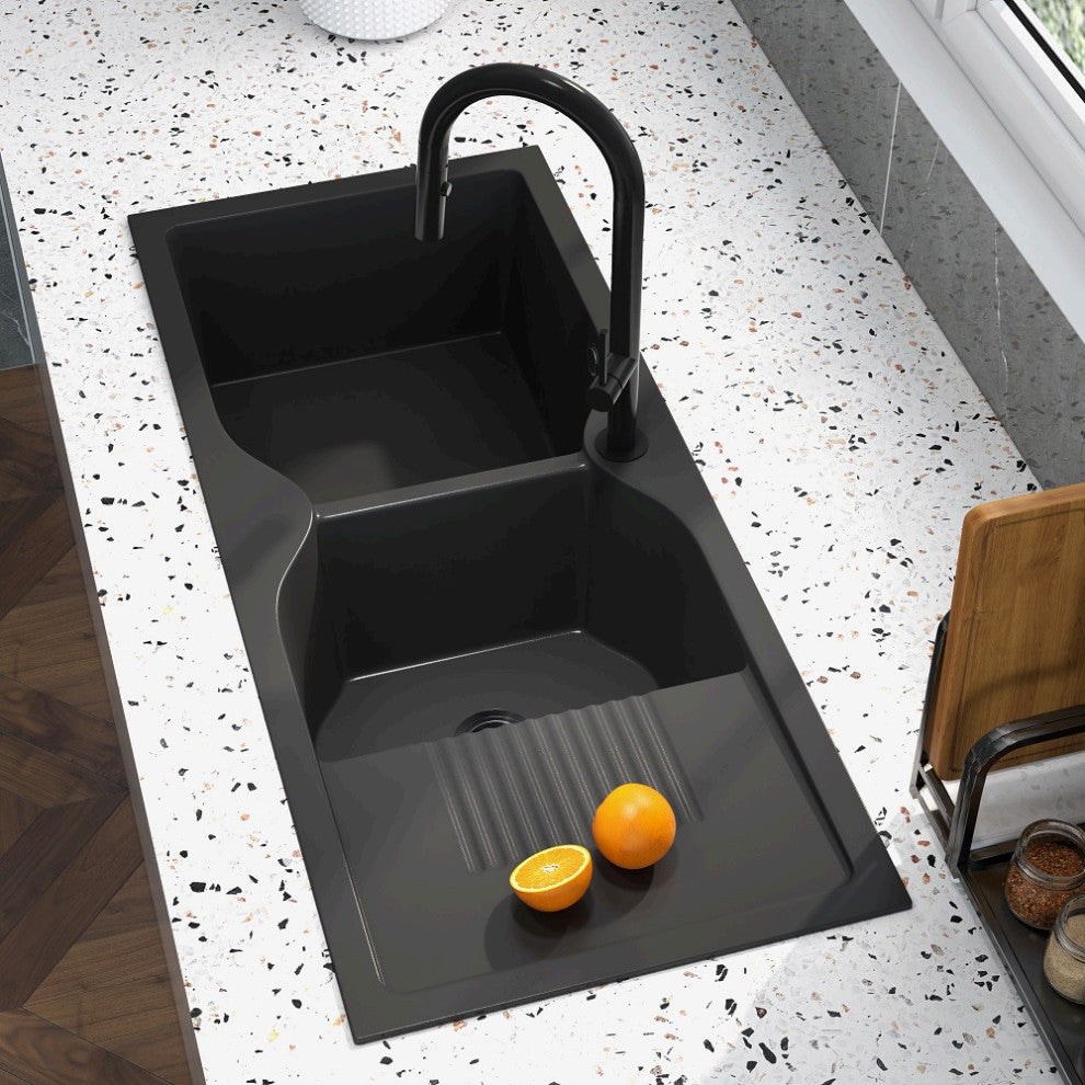 45" Black Quartz Kitchen Sink Double Bowl Drop-In Sink with Drain Board