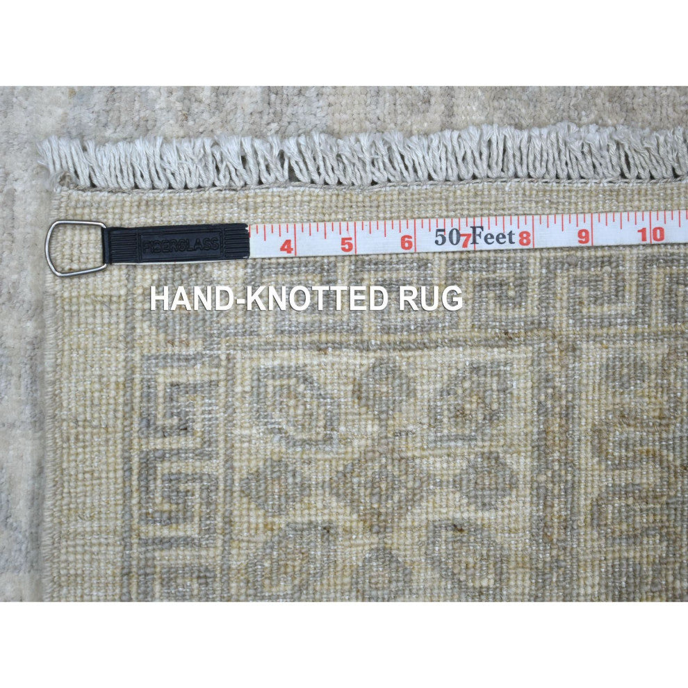 Ivory, White Wash Peshawar with Motifs, Soft Wool Hand Knotted Rug, 4'1" x 5'9"