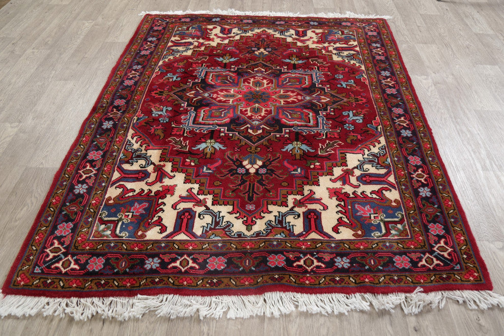 Heriz Oriental Traditional Persian Hand-Knotted Area Rug, Red, 6'5"x5'2