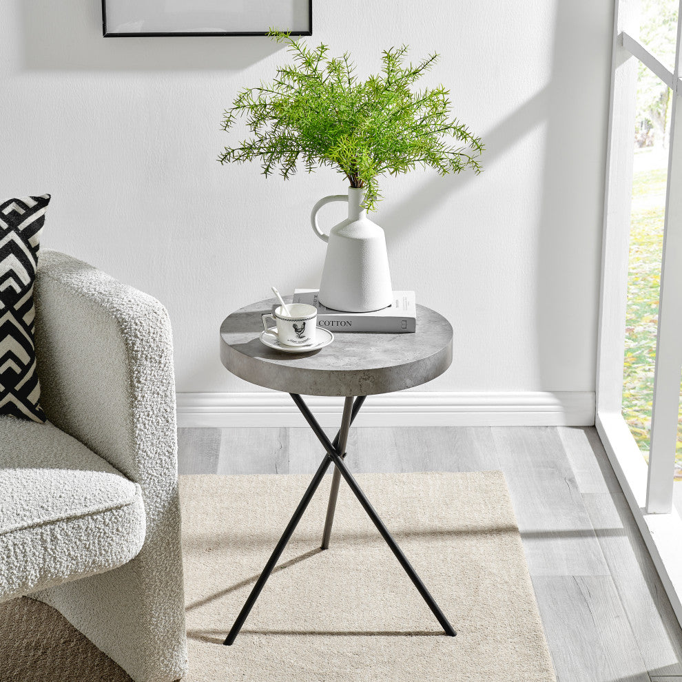 Circular Modern Grey Concrete Finish Black Metal Legs Accent Table