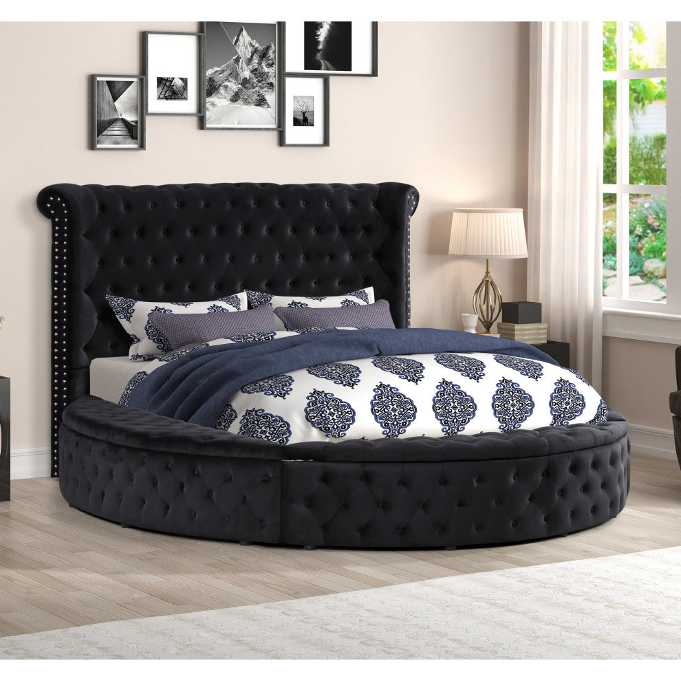 Isabella Tufted Velvet Round Platform Bed With Storage, Black, California King