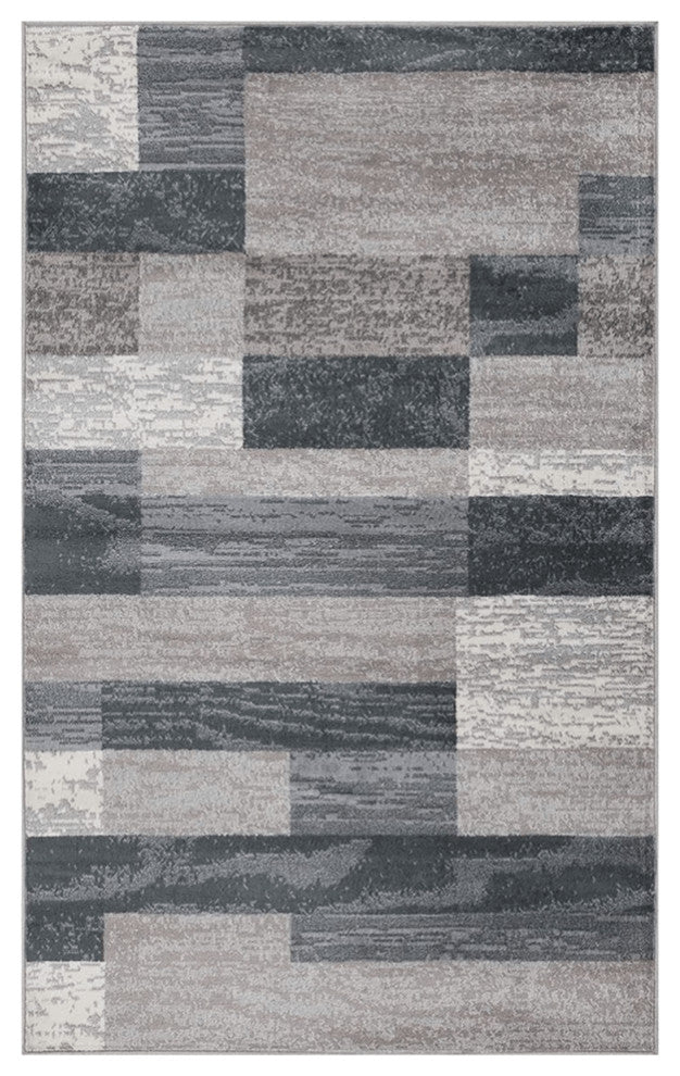 8' X 10' Blue And Taupe Patchwork Power Loom Stain Resistant Area Rug