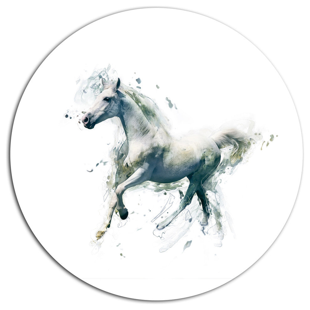 White Horse In Motion On White, Animal Round Metal Wall Art, 23"