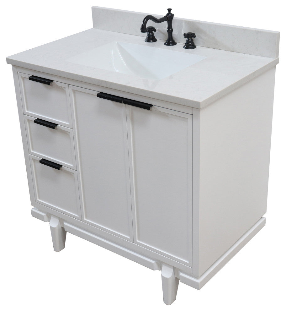37" Single Sink Vanity, White With Engineered Stone Top