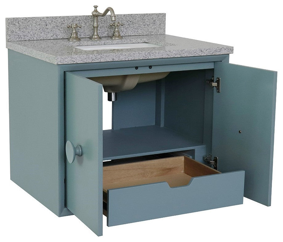 31" Single Wall Mount Vanity, Aqua Blue Finish With Gray Granite Top
