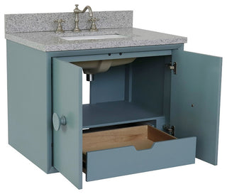 31" Single Wall Mount Vanity, Aqua Blue Finish With Gray Granite Top