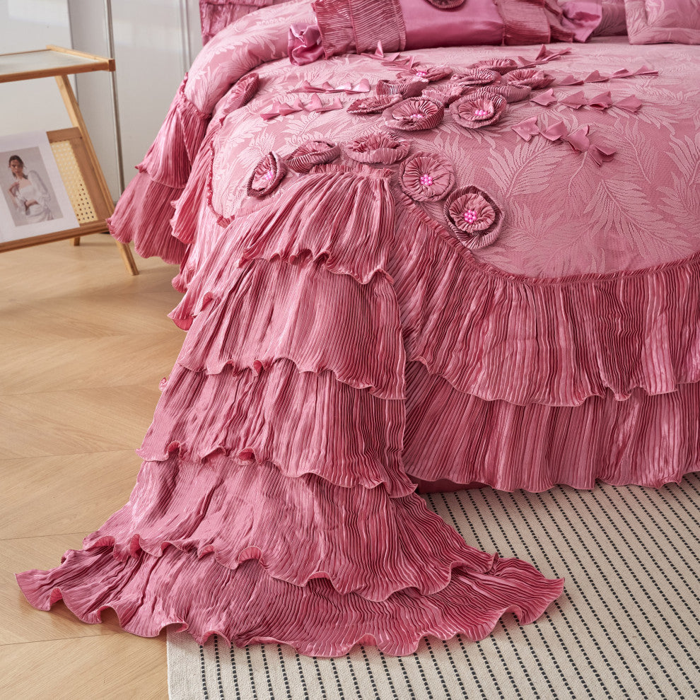 Pink Royal Dreams Faux Satin Ruffle Comforter Set, King