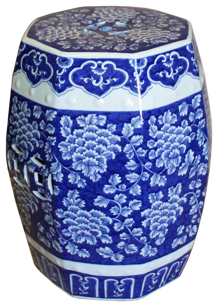 Chinese Blue and White Porcelain Floral Theme Octagon Stool Table Hcs4348