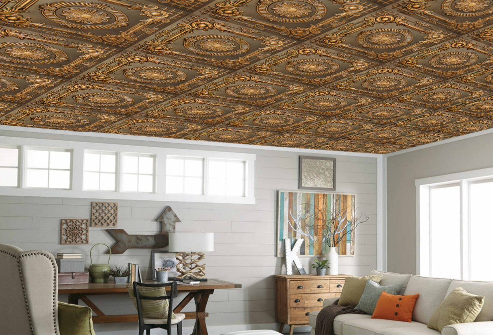 Antique Gold 3D Ceiling Panels, 2'x2', 4 Sq Ft