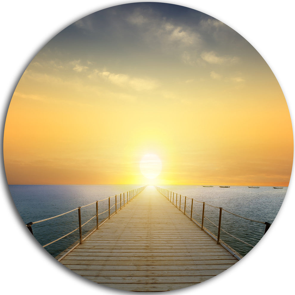 Ocean Sunset With Pier, Seascape Photo Round Wall Art, 11"