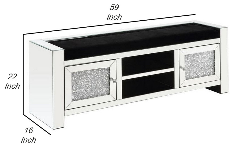 Benzara BM251187 Mirrored Bench With Faux Diamonds and 2 Door Cabinets, Silver