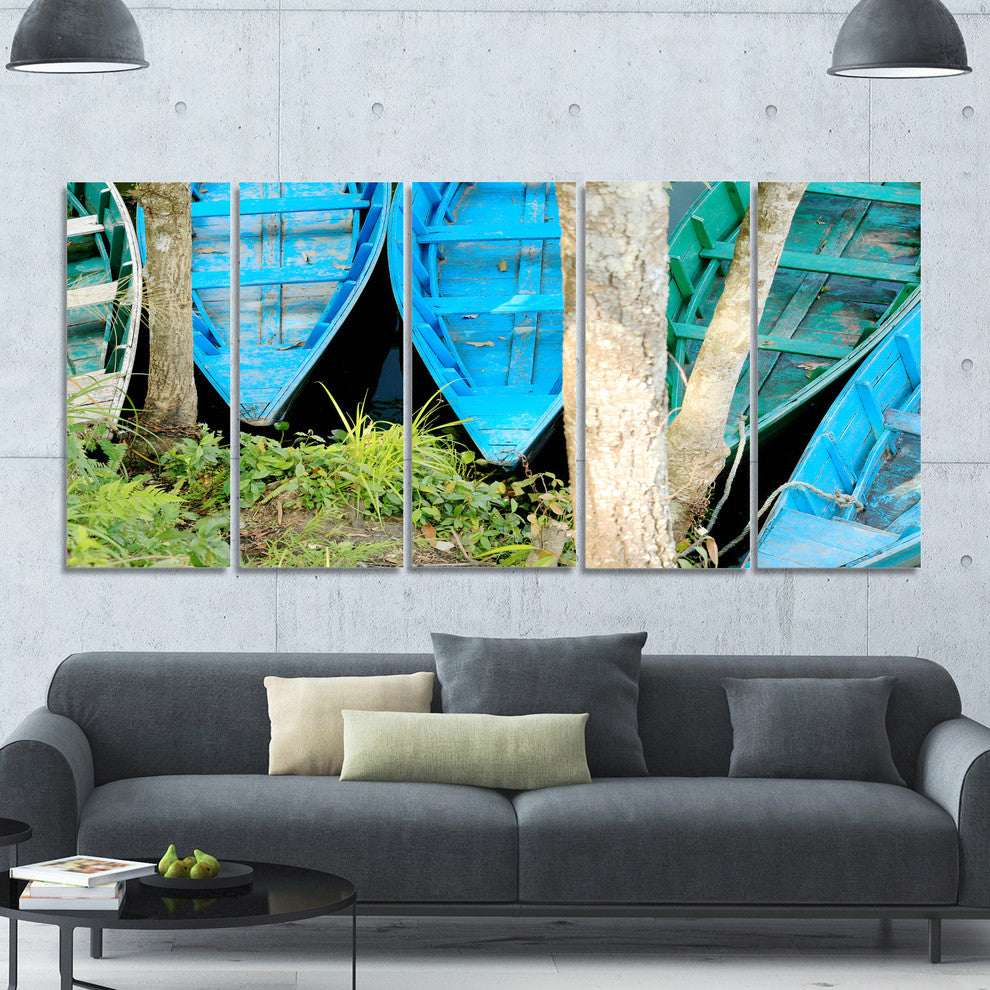 Blue Boats on Lake Phewa, Boat Canvas Art Print, 60"x28", 5 Panels