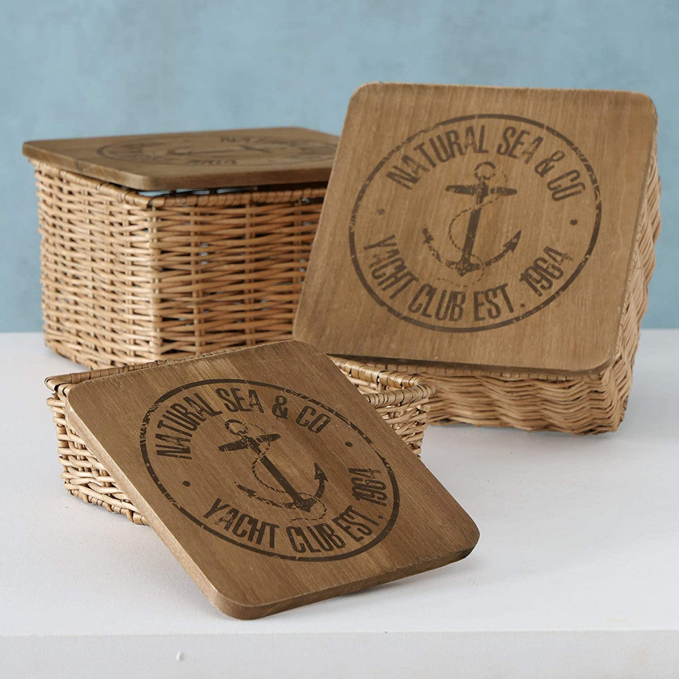 3 Piece Wicker Boxes and Wooden Lids Set