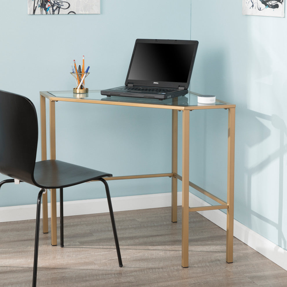 Oren Metal/Glass Corner Desk, Soft Gold