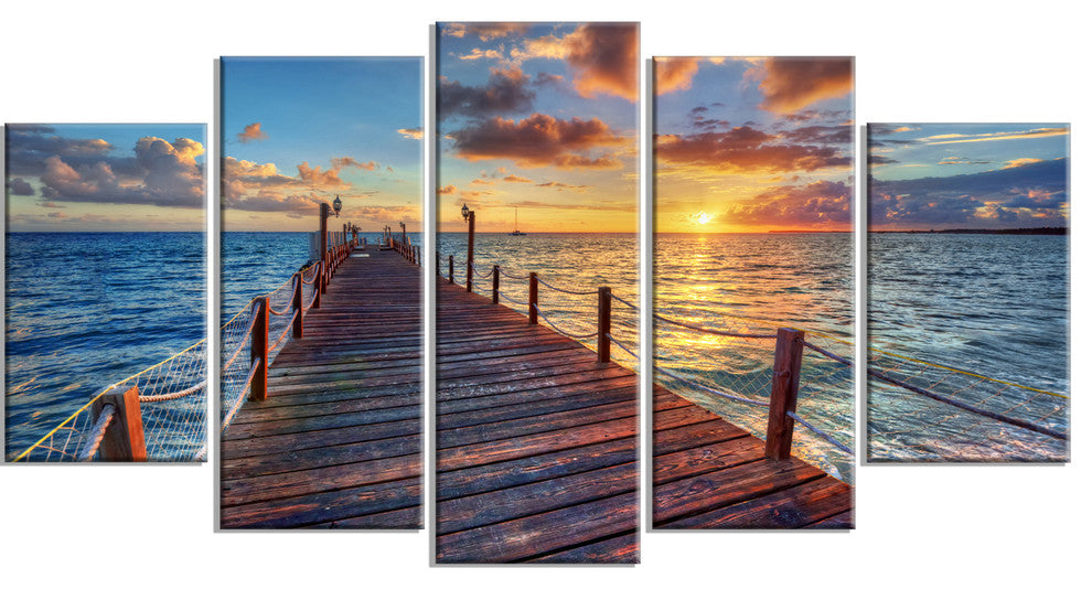 Beautiful Sunset over Sea Pier, Large Modern Canvas Art Print, 60"x32", 5 Panels