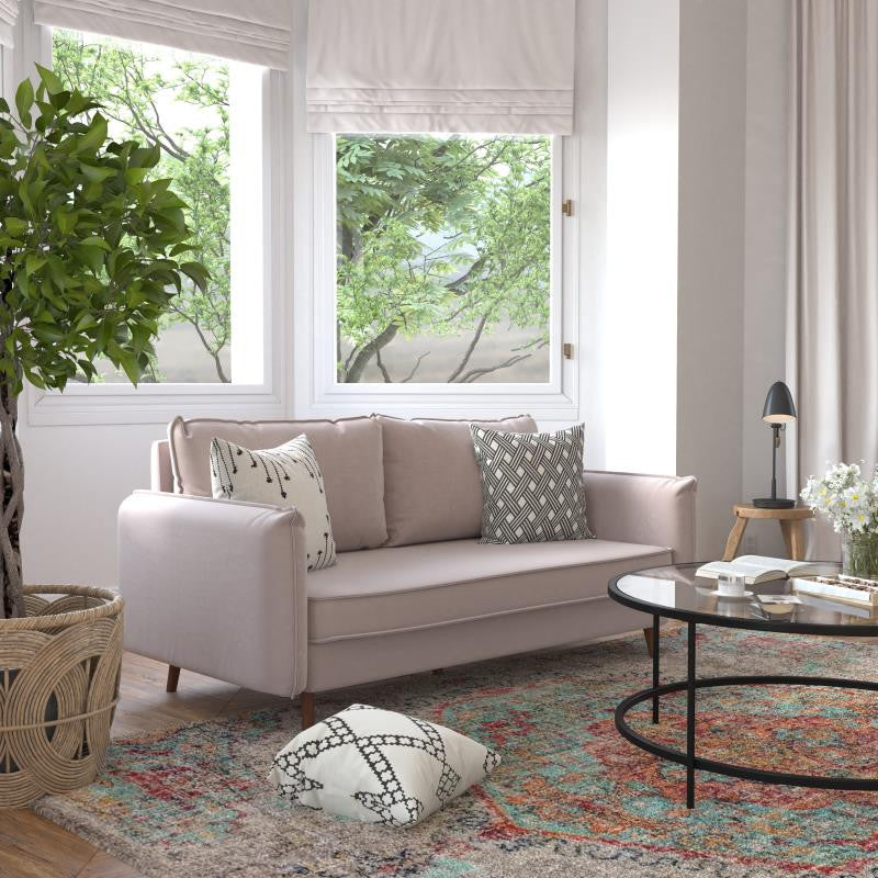 Evie Mid-Century Modern Sofa With Fabric Upholstery and Solid Wood Legs, Taupe