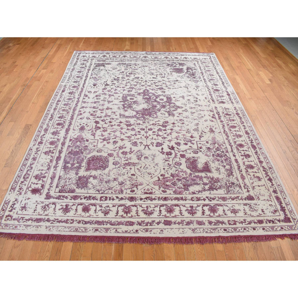 Ivory Wool and Silk Handmade Broken and Erased Persian Design Rug 9'2"x12'1"