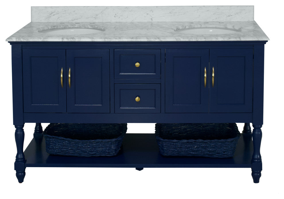 Beverly 60" Bath Vanity, Royal Blue, Carrara Marble, Double Vanity