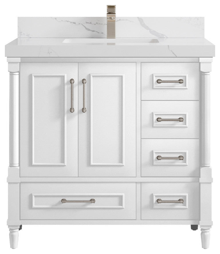 Aberdeen 36 Center Sink Bath Vanity in White 2" Calacatta Laza
