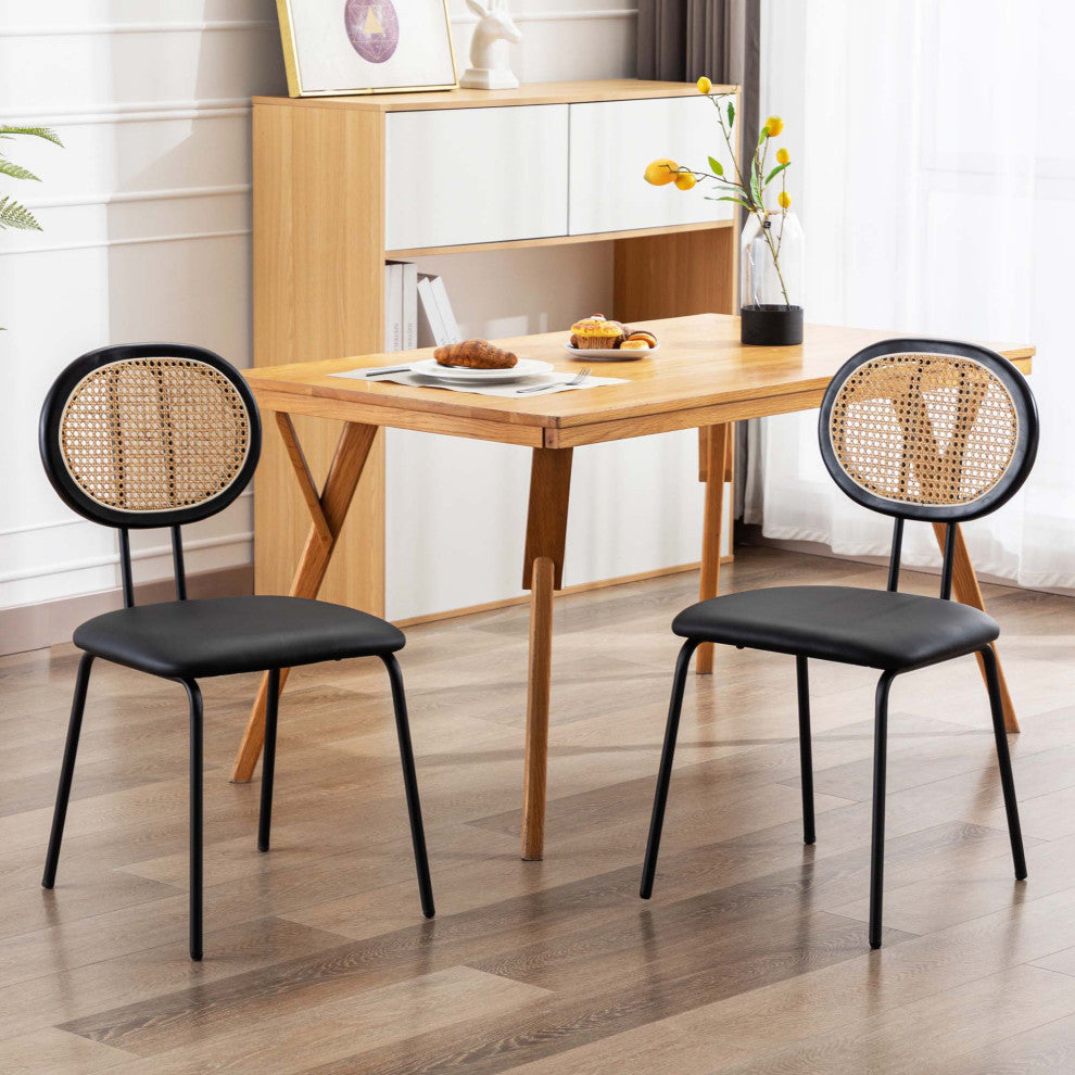 Rattan Cane Back Dining Chairs Set of 2, Black