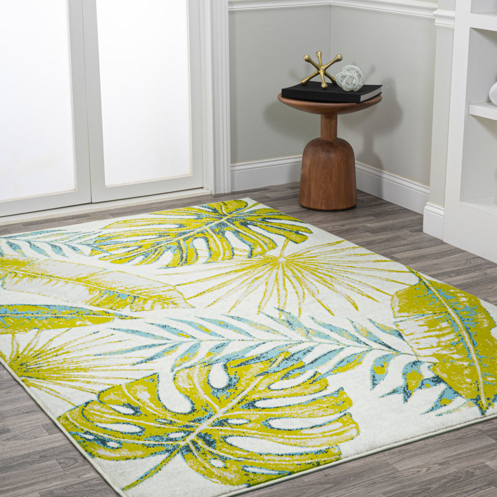 Monstera Tropical Leaves Ivory/Green 4'x6' Area Rug