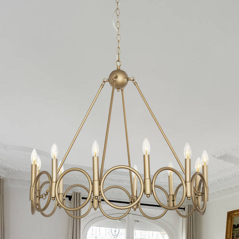 12 Light Wagon Wheel Candle Style Chandelier, Brass Dust