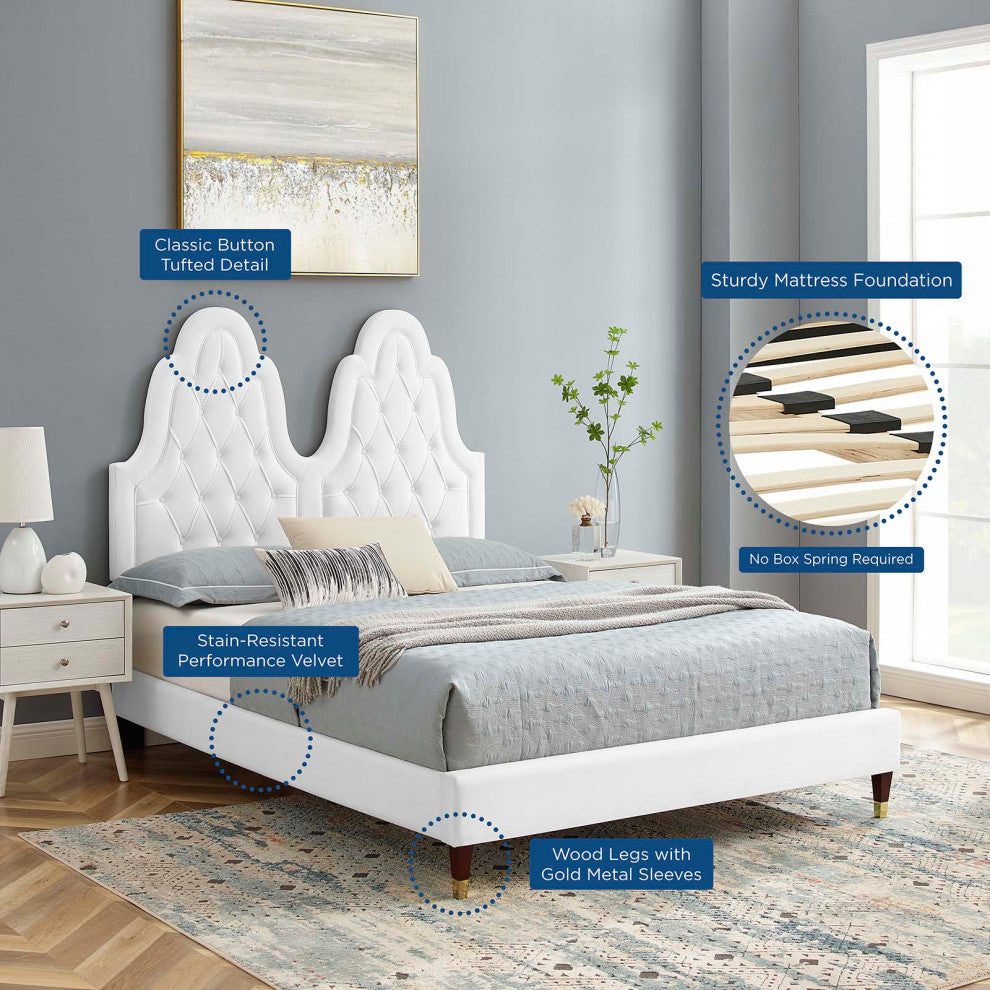 Tufted Platform Bed Frame, Full Size, Velvet, White, Modern Contemporary