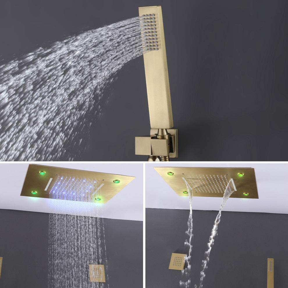 Thermostatic Shower System With Multi Function LED Shower Head, Brushed Gold