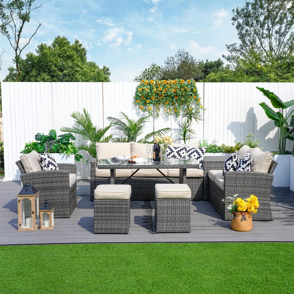 7-Piece Wicker Patio Sectional Dining Sofa Set with Storage Box, Gray