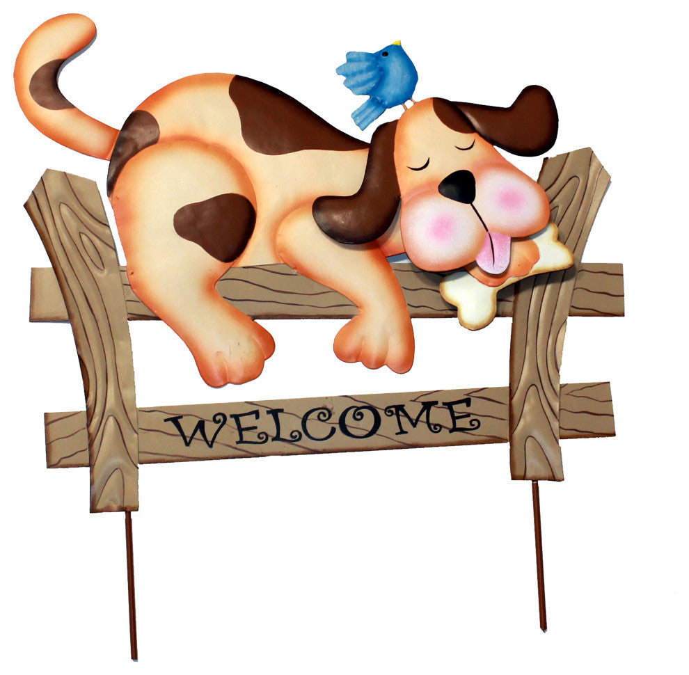21" Welcome Dog Sleeping On Fence Garden Stake