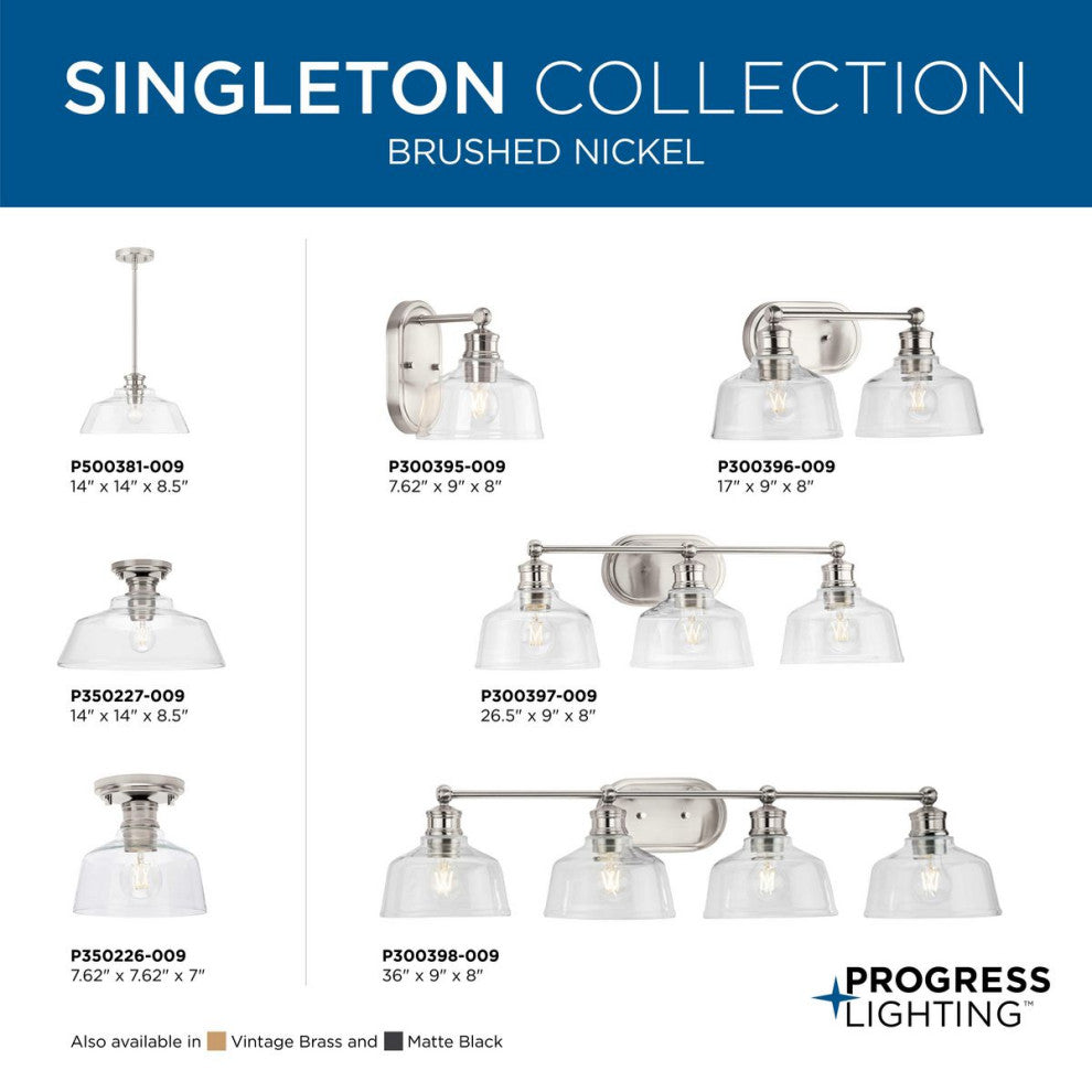 Singleton 2-Light 17" Brushed Nickel Vanity Light With Clear Glass Shades
