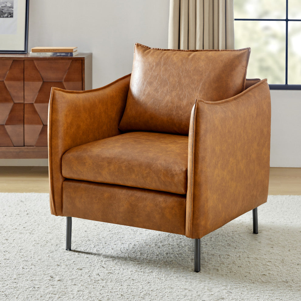 Traditional Leather Armchair With Metal Legs, Camel