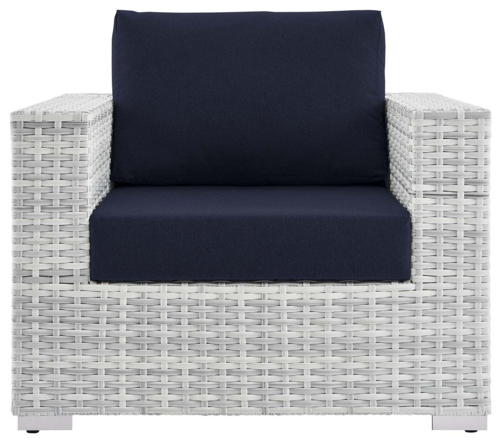 Lounge Chair Armchair, Rattan, Wicker, Gray Blue Navy, Modern, Outdoor
