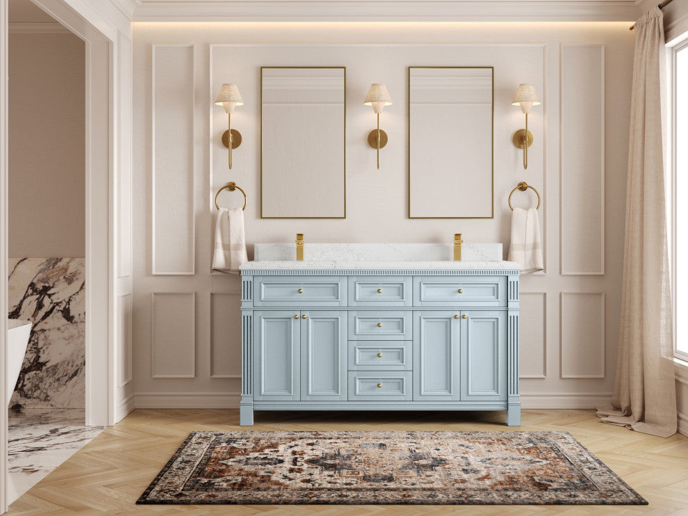 Paris 60" Double Sink Bathroom Vanity, Blue Heather 1.5" Empira Quartz
