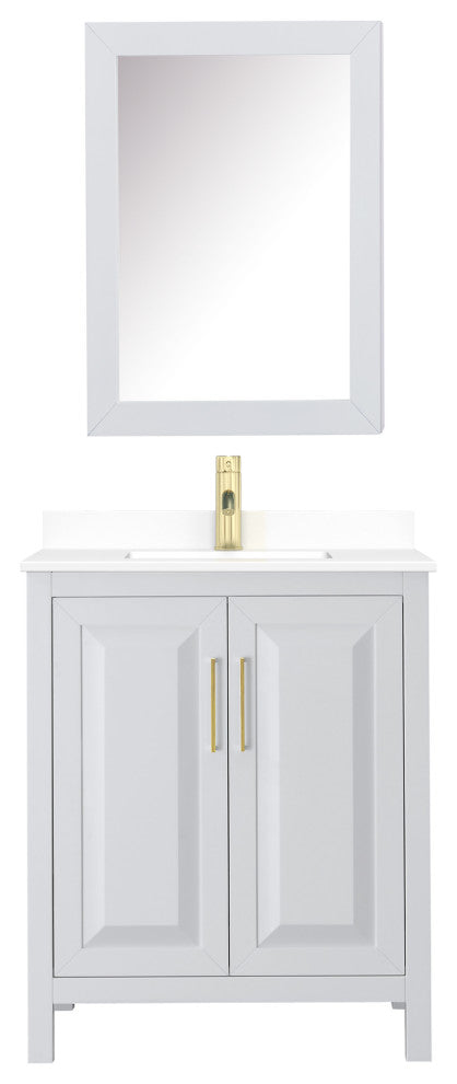 30"SGL Vanity White, White Cult. Marble Countertop, Sink, Med.Cabinet, Gold Trim