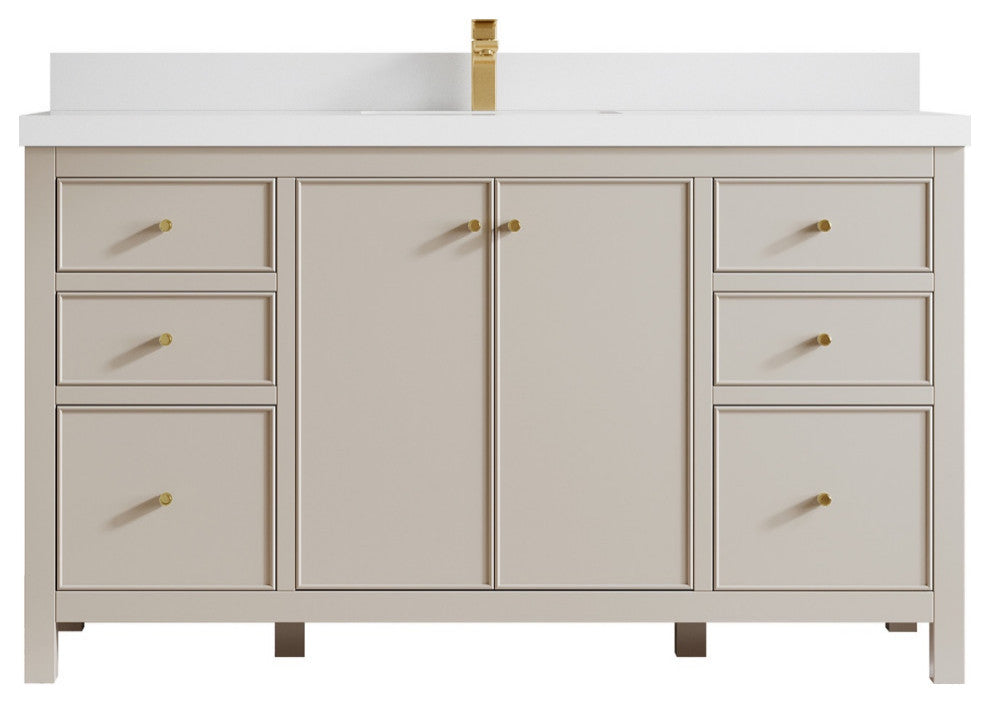 Chicago 60" Single Sink Bathroom Vanity, Fine Grain 2" White Quartz