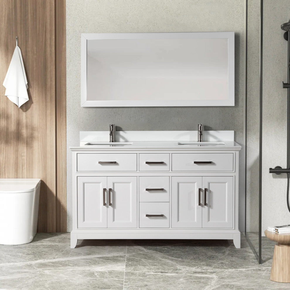 Vanity Art Vanity Set With White Stone Top, 60", White, Standard Mirror