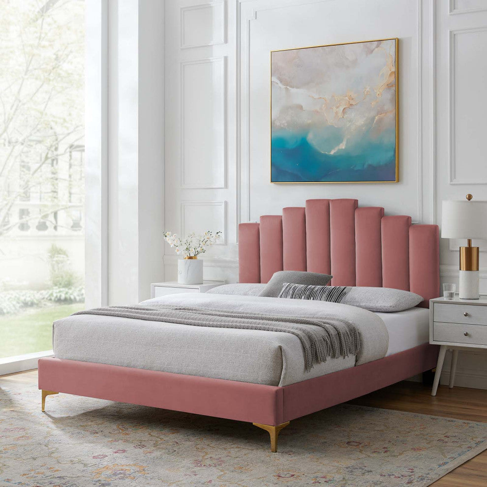 Platform Bed Frame, Full Size, Velvet, Pink, Modern Contemporary, Bedroom Master